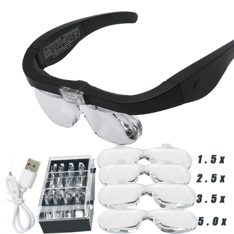 Увеличительные очки magnifier1.5X 2.5X 3.5X 5.0X USB Перезаряжаемый светодиодный светильник для чтения ювелиров ремонт часов ► Фото 1/6