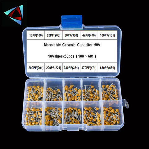 Многослойные/Монолитные керамические конденсаторы, 500 шт., 10Valuesx50, 10pF ~ 680pF (100 ~ 681), набор в ассортименте с коробкой для хранения ► Фото 1/4