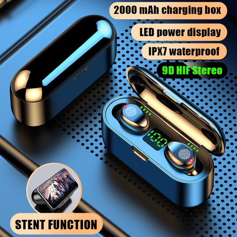 Беспроводные наушники Bluetooth V5.0 F9 TWS, беспроводные Bluetooth наушники со светодиодным дисплеем и внешним аккумулятором на 2000 мАч, гарнитура с микр... ► Фото 1/6