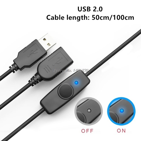 Удлинительный кабель USB, 50/100 см, USB 2,0 A, штекер-гнездо, удлинитель, черный кабель с выключателем, кабель для Raspberry Pi, вентиляторная лампа ► Фото 1/6
