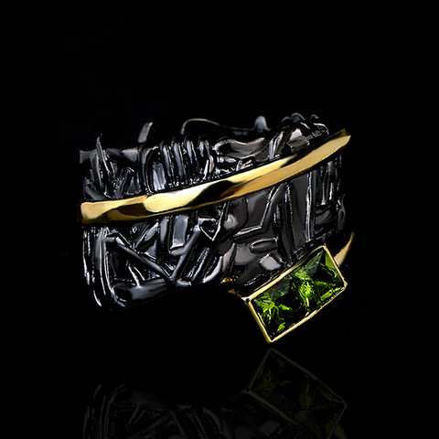 Женское двухцветное кольцо с зеленым цирконием, Винтажное кольцо черного и золотого цвета, 2022 ► Фото 1/5