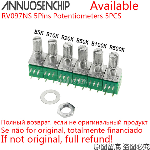 Потенциометр RV097NS 5K 10K 20K 50K 100K 500K 5-контактный вал 15 мм, усилитель звука, регулируемый B5K B10K B20K B50K B100K B500K, 5 шт. ► Фото 1/1