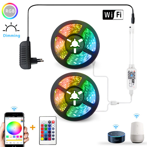 Светодиодная Водонепроницаемая RGB лента SMD 2835 с поддержкой Wi-Fi, 5 м, 10 м, 15 м, 12 В постоянного тока + пульт дистанционного управления + адаптер ЕС ► Фото 1/6