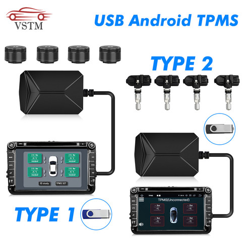 Система контроля давления в шинах TPMS, USB, Android, дисплей, сигнализация, 5 В, внутренние датчики, навигация на Android, 4 датчика ► Фото 1/6