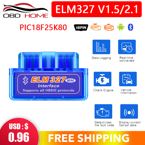 Лучший мини ELM327 Bluetooth V1.5 PIC18F25K80 Android IOS ПК WIFI ELM 327 1,5 25K80 OBD2 автомобильный Disgnostic сканер ► Фото 1/6