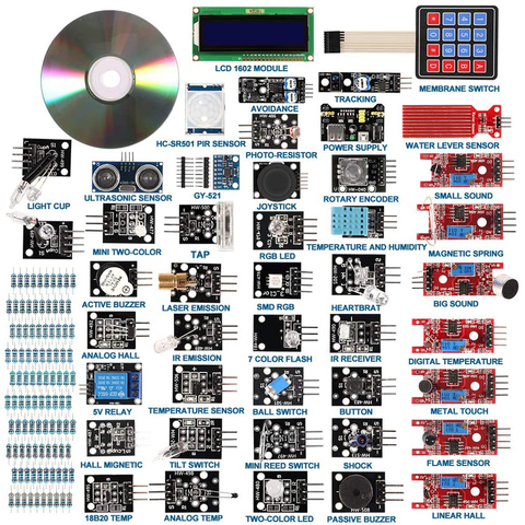 Стартовый набор для Arduino Raspberry Pi, модули датчиков s, 16 видов, комплект датчиков 37 в 1 с коробкой «сделай сам» UNO R3 MEGA2560, 45 в 1 ► Фото 1/6