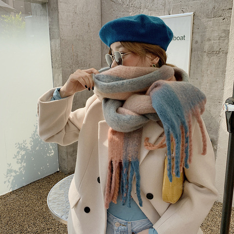 2022 зимний кашемировый клетчатый платок с кисточками, милая толстая коса в радужную клетку, подходящий шарф для женщин ► Фото 1/5