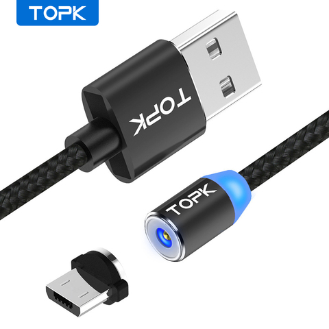 Магнитный кабель TOPK AM23, 1 м и 2 м, кабель Micro USB со светодиодным индикатором, нейлоновый плетеный магнитный зарядный кабель для Samsung S7 Edge ► Фото 1/6