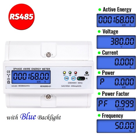 RS485 5(100)A 220/380 В 3-фазный 4-проводной измеритель энергии на DIN-рейке, цифровой измеритель мощности с отображением частоты тока напряжения ► Фото 1/6