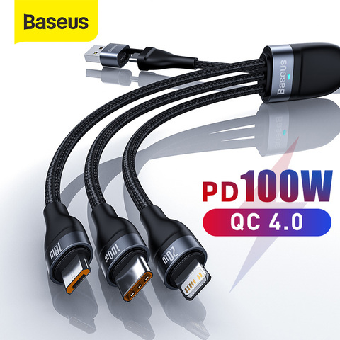 Baseus PD 100W 3 в 1 взаимный обмен данными между компьютером и периферийными устройствами Type-C кабель для передачи данных для iPhone 12 11 Pro XR XS Max 8 заряд... ► Фото 1/6