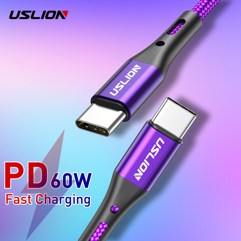 USLION 60 Вт USB Type C к USB Type C, кабель для Samsung Galaxy S9 Plus, поддержка PD QC3.0 3A, кабель для быстрой зарядки устройств Type-C ► Фото 1/6