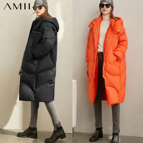 Amii модное пальто на 90% белом утином пуху, зимнее женское повседневное однотонное Свободное длинное пальто с капюшоном, топы 11940488 ► Фото 1/5