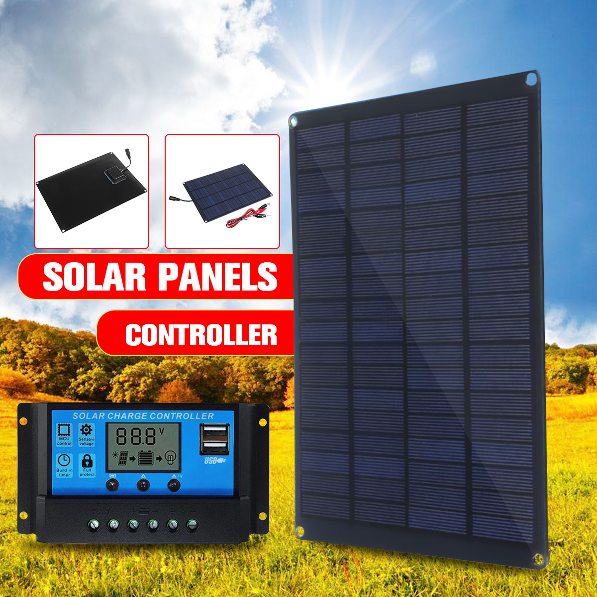 Солнечная панель с зажимом для батареи 20 Вт 12 в 18 в + 10/20/30/50A солнечное зарядное устройство для автомобиля, контроллер солнечных батарей для о... ► Фото 1/6