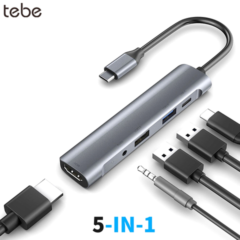 Док-станция tebe 5 в 1, USB C на USB 3,5/3,0, 60 Вт, Type-C, HDMI, 2,0 мм ► Фото 1/6