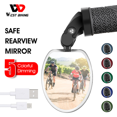 WEST BIKING зеркало заднего вида с светодиодный светильник USB Перезаряжаемые руль велосипеда зеркало 360 Вращение Регулируемый Велосипедное Зеркало ► Фото 1/6