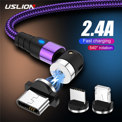 Магнитный кабель USLION LED Micro USB 540, вращающийся зарядный кабель Type C 2022, новая Алмазная лампа для iPhone 11 Pro XS Max Samsung Xiaomi ► Фото 1/6