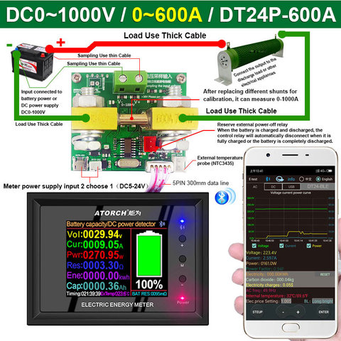 DT24P 1000 В/600A IPS цифровой дисплей DC Вольтметр мощности Амперметр тестер емкости батареи индикатор детектора напряжения Измеритель для приложе... ► Фото 1/3