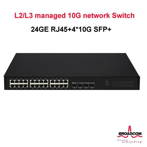 Управляемый коммутатор L3 10Gb 24GE RJ45 с 4 портами 10G SFP + Оптическое волокно ► Фото 1/4