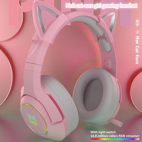 Новый продукт K9 розовые кошачьи уши милая девушка игровая гарнитура с микрофоном ENC шумоподавление HiFi 7,1 каналов RGB проводные наушники ► Фото 1/6