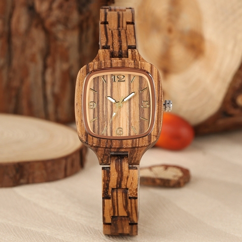 Минималистичные простые квадратные деревянные часы, женские часы, тонкий светильник-ультрааналоговый полностью бамбуковый деревянный браслет, женские часы ► Фото 1/6