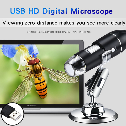 Портативный цифровой usb-микроскоп 1000X HD, электронный интерфейс с 8 светодиодами и кронштейном ► Фото 1/6