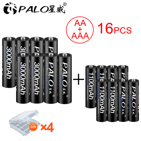 Аккумуляторные батарейки PALO, 1,2 в, 3000 мА · ч, NIMH, 1,2 в + 8 аккумуляторов AAA на 1100 мА · ч для микрофона, игрушки, 8 шт. ► Фото 1/6