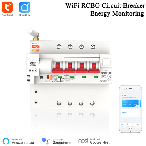 Автоматический выключатель Tuya Smart Life APP RCBO с мониторингом мощности 4P WiFi RCBO MCB защита от утечки тока короткого замыкания Alexa ► Фото 1/6