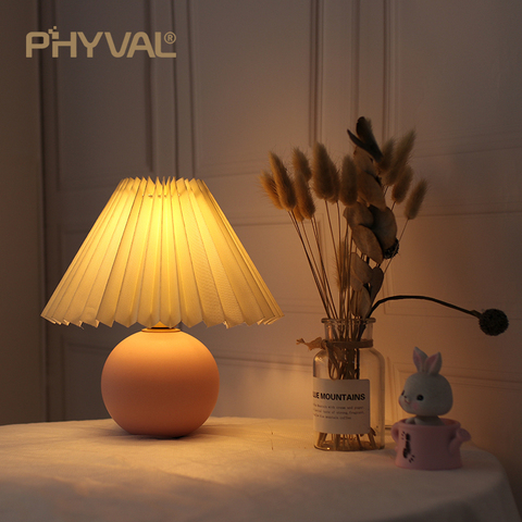 Корейская плиссированная настольная лампа PHYVAL, керамическая ротанговая настольная лампа для гостиной, домашний декор, трехцветная светодиодсветодиодный лампа, винтажная прикроватная лампа ► Фото 1/6