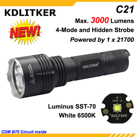 Светодиодный фонарик KDLITKER C21 Luminus SST-70 3000 люмен 5 режимов-черный (1x21700) ► Фото 1/6