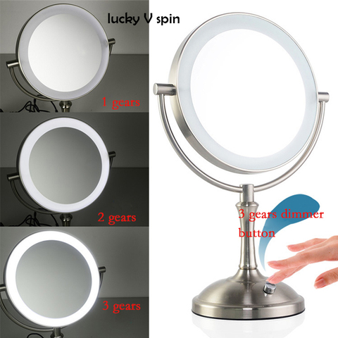 Зеркало для макияжа, 8 дюймов, настольное 2-Face металлическое зеркало 3X 5X 10X, светодиодная лампа с регулируемой яркостью ► Фото 1/6