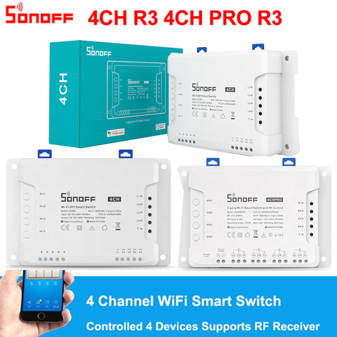 Умный Wi-Fi переключатель Sonoff 4CH R3 /4CH PRO R3 4 Gang, 433 МГц, беспроводной таймер дистанционного управления на Din-рейке, переключатель «сделай сам» чер... ► Фото 1/6