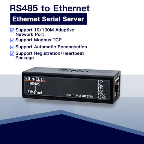 Последовательный мини-сервер EE11 RS485 для Ethernet ModbusTCP, последовательный к Ethernet RJ45 конвертер со встроенным веб-сервером ► Фото 1/6