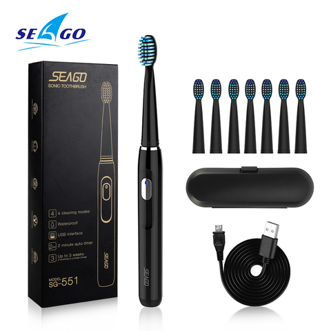 Зубная щетка электрическая Seago SG551 звуковая перезаряжаемая с 3 сменными насадками, таймером на 2 минуты и 4 режимами чистки ► Фото 1/6
