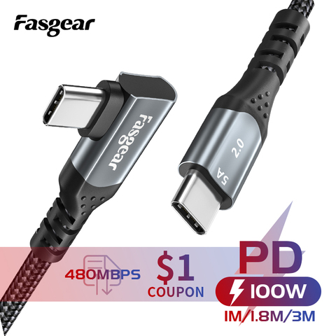 Fasgear 100 Вт USB C к USB C кабель 90 градусов PD Быстрая зарядка шнур 480 Мбит/с кабель для передачи данных для Xiaomi Samsung Huawei P30 P20 Macbook iPad ► Фото 1/6