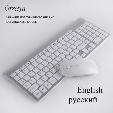 Беспроводная Тонкая клавиатура 2,4G и перезаряжаемая мышь, комбинированная клавиатура с английскими/русскими буквами, тихая клавиша для ком... ► Фото 1/6