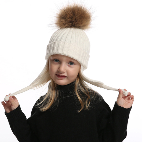 Детская шапка-ушанка Зимняя шерстяная шапка для мальчиков и девочек помпон из натурального меха вязанная теплая шапка детская шапка детски... ► Фото 1/6