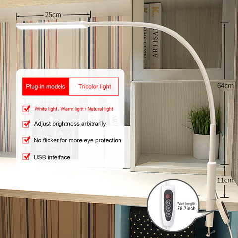 Настольная лампа на длинной ножке с зажимом, офисный светодиодный светильник с защитой глаз и USB для спальни, светодиодный светильник с 5 уро... ► Фото 1/6