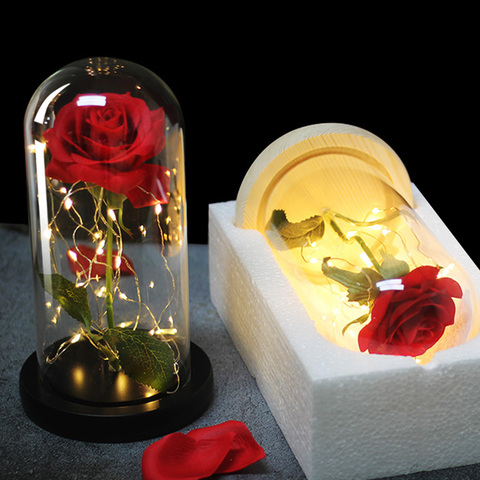 Dropshipping Красавица и Чудовище красная роза в стеклянном куполе, светодиодный светильник, деревянная основа для подарка на День святого Вален... ► Фото 1/6