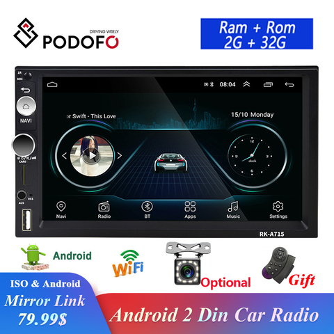 Автомагнитола Podofo 2din на Android с GPS, стереоприемником, 7-дюймовым экраном, Bluetooth, видеоплеером MP5 для Hyundai, Nissan, TOYOTA, Kia, Honda, VW ► Фото 1/6