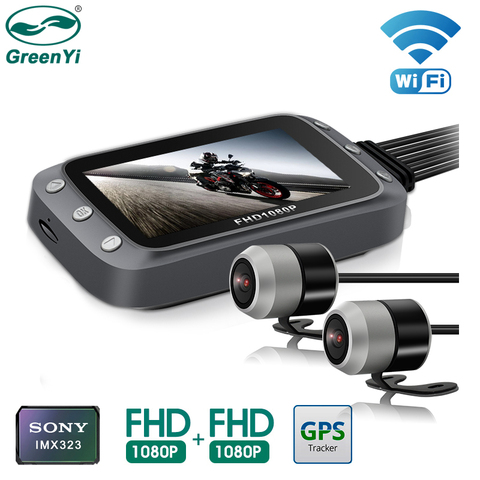 GreenYi Wi-Fi Видеорегистраторы для мотоциклов Dash Cam 1080P + 1080P Full HD спереди и вид сзади Водонепроницаемый мотоцикл Камера GPS регистратор Регистраторы коробка ► Фото 1/6