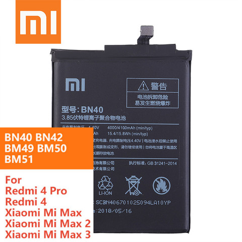 Аккумулятор BN40 BN42 BM49 BM50 BM51 для Xiaomi, батарея BN40 BN42 BM49 BM50 BM51 For Xiaomi Redmi 4 Pro Prime 3 Гб ОЗУ, 32 Гб ПЗУ, Redmi4 Mi Max Max2 Max3, оригинал ► Фото 1/6