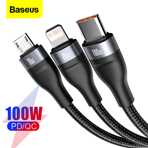 USB кабель Baseus для iPhone PD 100 Вт USB Type C кабель для передачи данных для Xiaomi Samsung 5A Быстрая зарядка 3 в 1 USB-C кабель Micro USB ► Фото 1/6