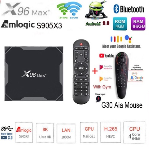 ТВ-приставка X96 max plus Amlogic S905X3, 8k, android 9,0, 2 ГБ, 16 ГБ/4 ГБ, 32 ГБ/64 ГБ, дополнительно g30, голосовая воздушная мышь 2,4 ГБ и 5,0 ГБ, Wi-Fi, BT4.0, 1000 м ► Фото 1/4
