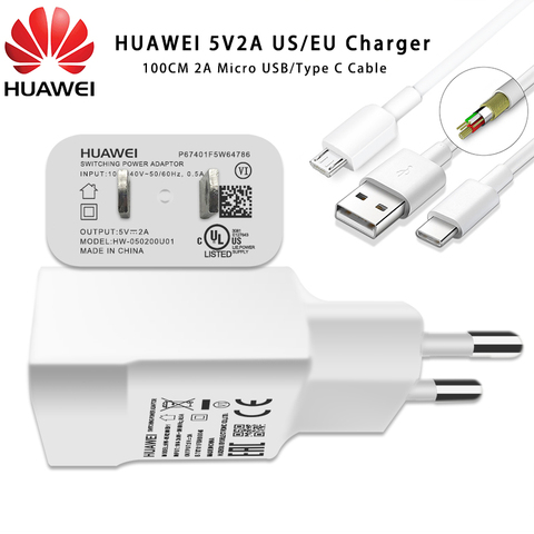 Оригинальное зарядное устройство Huawei mate 10 5V2A EU US настенное зарядное устройство адаптер Micro USB Type C кабель для P8 P9 p10 20 Mate 20 Honor 10 8 7 X Y 9 7 6 5 ► Фото 1/6