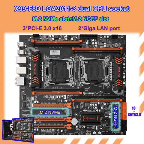 HUANANZHI X99-F8D LGA2011-3 материнская плата с двумя Процессор гнездо M.2 NVMe/NGFF слот SSD 8 DDR4 DIMM 2 локальная сеть Giga Порты USB3.0 ► Фото 1/5
