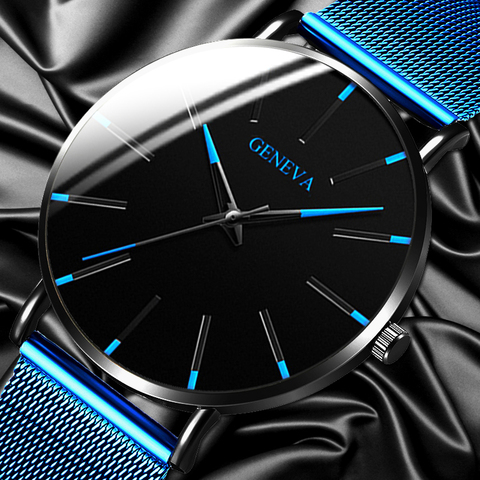 Минималистичные часы Geneva 2022, мужские ультратонкие синие часы из нержавеющей стали с ремешком-сеткой, мужские деловые повседневные кварцевы... ► Фото 1/6