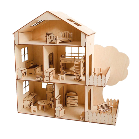 Кукольный дом из фанеры с деревом 53x20x50 см + подарок; деревянный кукольный домик конструктор ► Фото 1/6