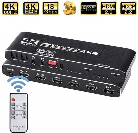 HDMI матрица KuWFi 4K60Hz, 4x2 переключатель, сплиттер, Поддержка HDCP 2,2, ИК-пульт дистанционного управления, HDMI переключатель 4x2, Spdif 4K HDMI, матричный пер... ► Фото 1/6