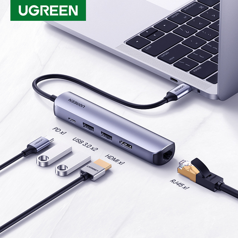 UGREEN USB C концентратор Мини Размеры Тип USB C 3,1 до 4K HDMI RJ45 USB 3,0 адаптер USB C док-станция для MacBook Pro, MacBook Air 2022 ПК usb-хаб ► Фото 1/6