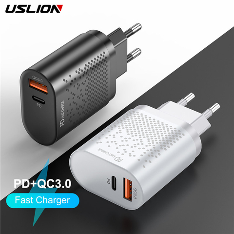 USLION 18W USB QC 3,0, быстрая зарядка, мобильный телефон планшеты зарядные устройства PD3.0 адаптер для iPhone 12 Samsung Xiaomi дорожное настенное зарядное устр... ► Фото 1/6